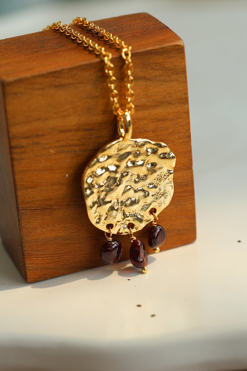 Molten Muse Textured Metal Garnet / Moss Agate Pendant Necklace - floysun