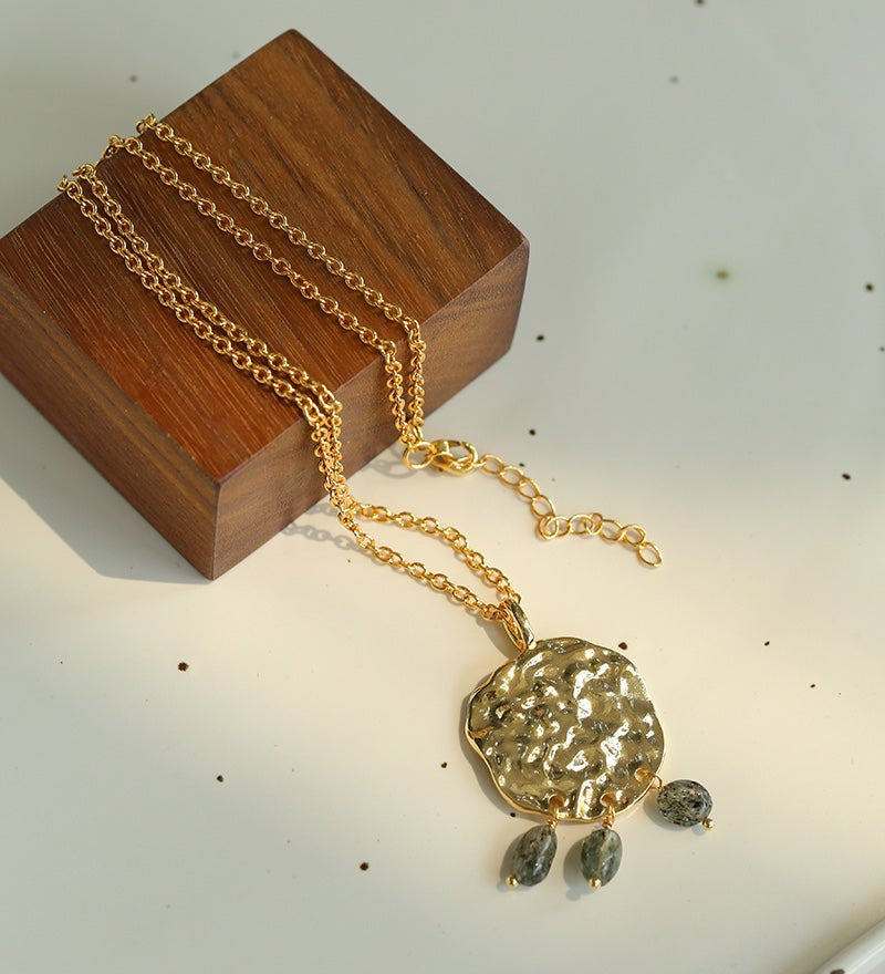 Molten Muse Textured Metal Garnet / Moss Agate Pendant Necklace - floysun