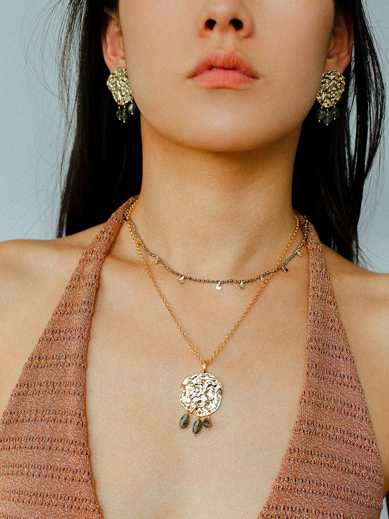 Molten Muse Textured Metal Garnet / Moss Agate Pendant Necklace - floysun