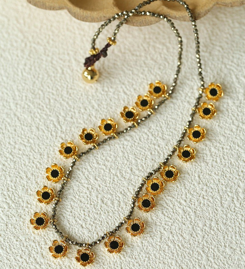 Monet’s Garden Necklace – Faceted Golden Ore or Gold Beads with Enamel Flower Pendants - floysun