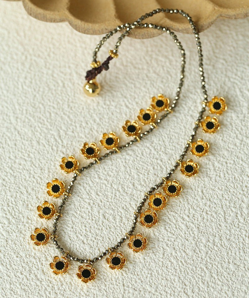 Monet’s Garden Necklace – Faceted Golden Ore or Gold Beads with Enamel Flower Pendants - floysun