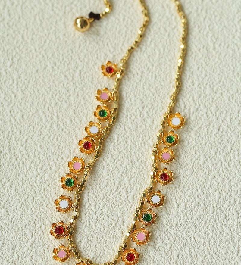 Monet’s Garden Necklace – Faceted Golden Ore or Gold Beads with Enamel Flower Pendants - floysun
