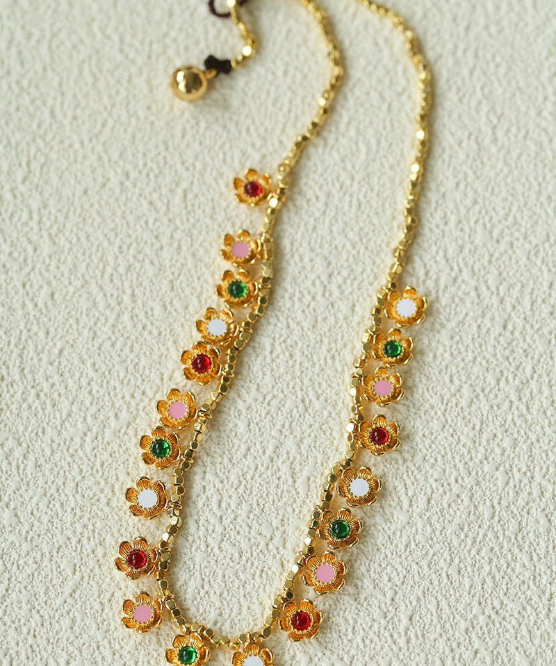 Monet’s Garden Necklace – Faceted Golden Ore or Gold Beads with Enamel Flower Pendants - floysun