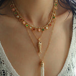 Monet’s Garden Necklace – Faceted Golden Ore or Gold Beads with Enamel Flower Pendants - floysun