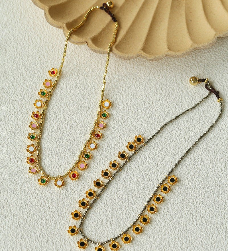 Monet’s Garden Necklace – Faceted Golden Ore or Gold Beads with Enamel Flower Pendants - floysun