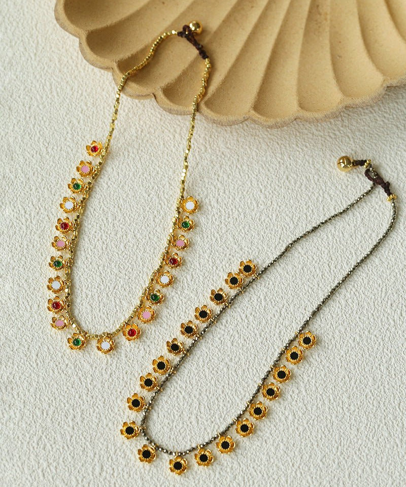 Monet’s Garden Necklace – Faceted Golden Ore or Gold Beads with Enamel Flower Pendants - floysun