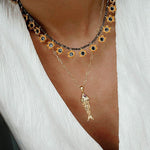 Monet’s Garden Necklace – Faceted Golden Ore or Gold Beads with Enamel Flower Pendants - floysun