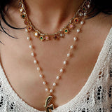 Monet’s Garden Necklace – Faceted Golden Ore or Gold Beads with Enamel Flower Pendants - floysun