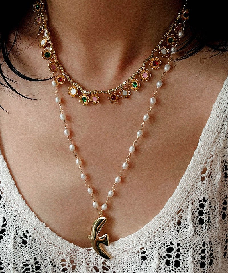Monet’s Garden Necklace – Faceted Golden Ore or Gold Beads with Enamel Flower Pendants - floysun