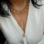 Monet’s Garden Necklace – Faceted Golden Ore or Gold Beads with Enamel Flower Pendants - floysun