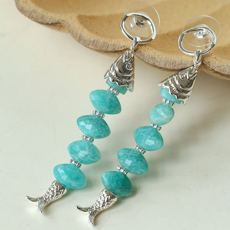 Moonlight Swimming Fish Earrings – Sparkling Stone / Aquamarine - floysun