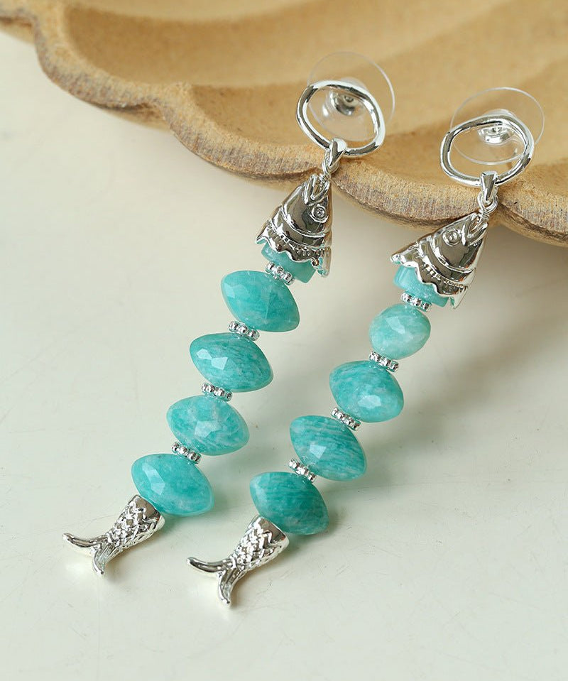Moonlight Swimming Fish Earrings – Sparkling Stone / Aquamarine - floysun