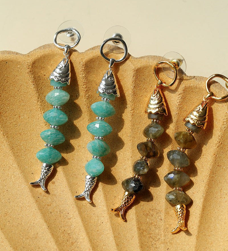 Moonlight Swimming Fish Earrings – Sparkling Stone / Aquamarine - floysun