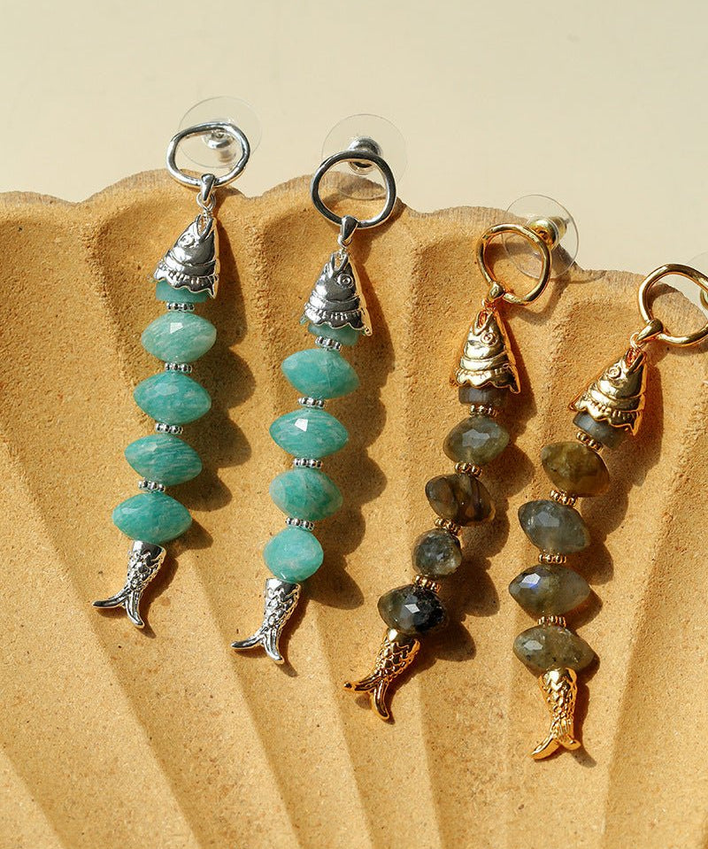 Moonlight Swimming Fish Earrings – Sparkling Stone / Aquamarine - floysun