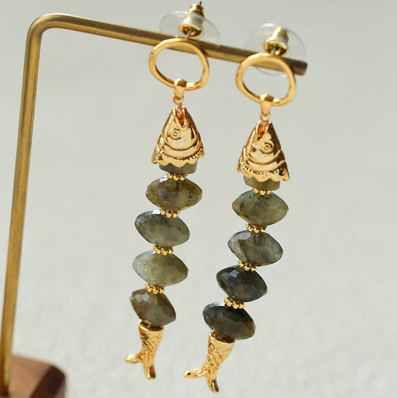 Moonlight Swimming Fish Earrings – Sparkling Stone / Aquamarine - floysun