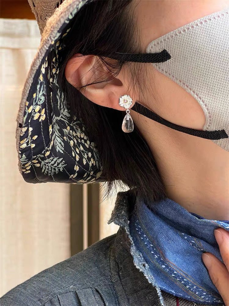 Morning Dew Clear Quartz Drop Earrings - Floral Studs with Purple Zirconia - floysun