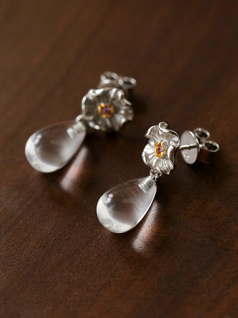 Morning Dew Clear Quartz Drop Earrings - Floral Studs with Purple Zirconia - floysun