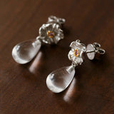 Morning Dew Clear Quartz Drop Earrings - Floral Studs with Purple Zirconia - floysun