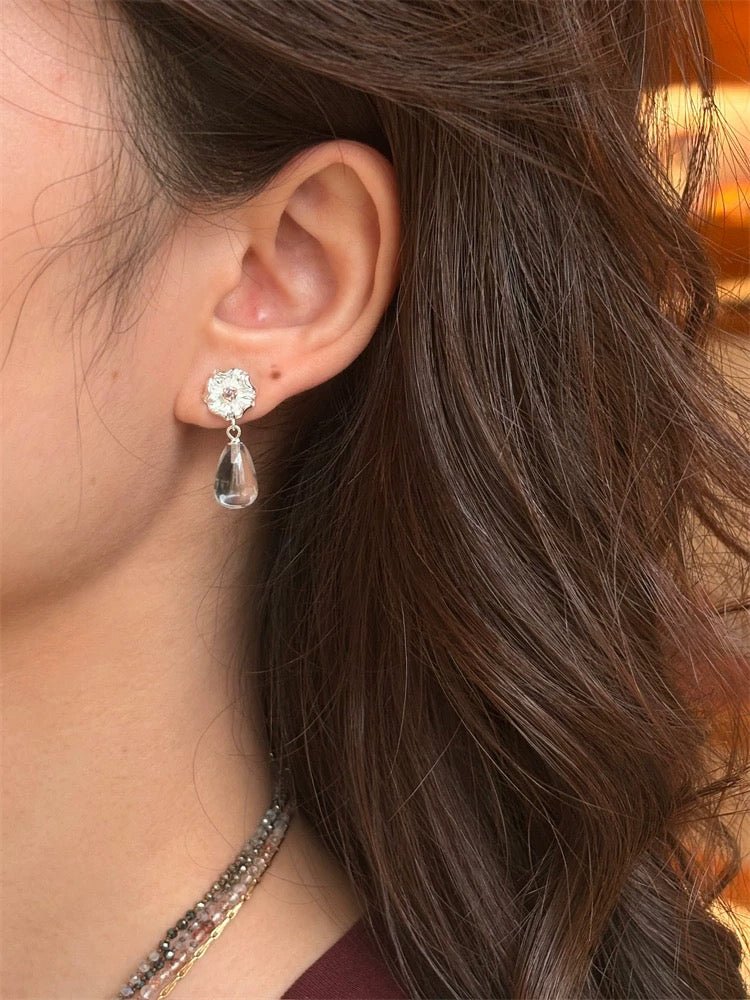 Morning Dew Clear Quartz Drop Earrings - Floral Studs with Purple Zirconia - floysun