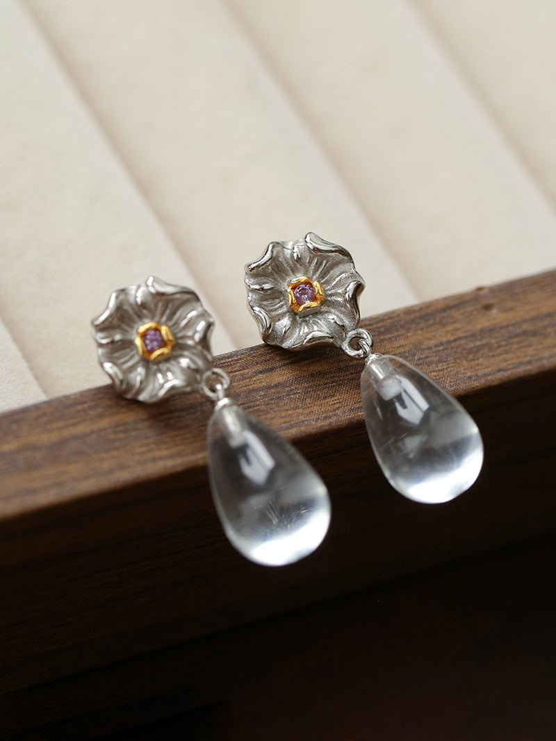 Morning Dew Clear Quartz Drop Earrings - Floral Studs with Purple Zirconia - floysun