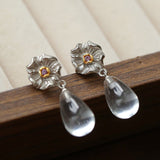 Morning Dew Clear Quartz Drop Earrings - Floral Studs with Purple Zirconia - floysun