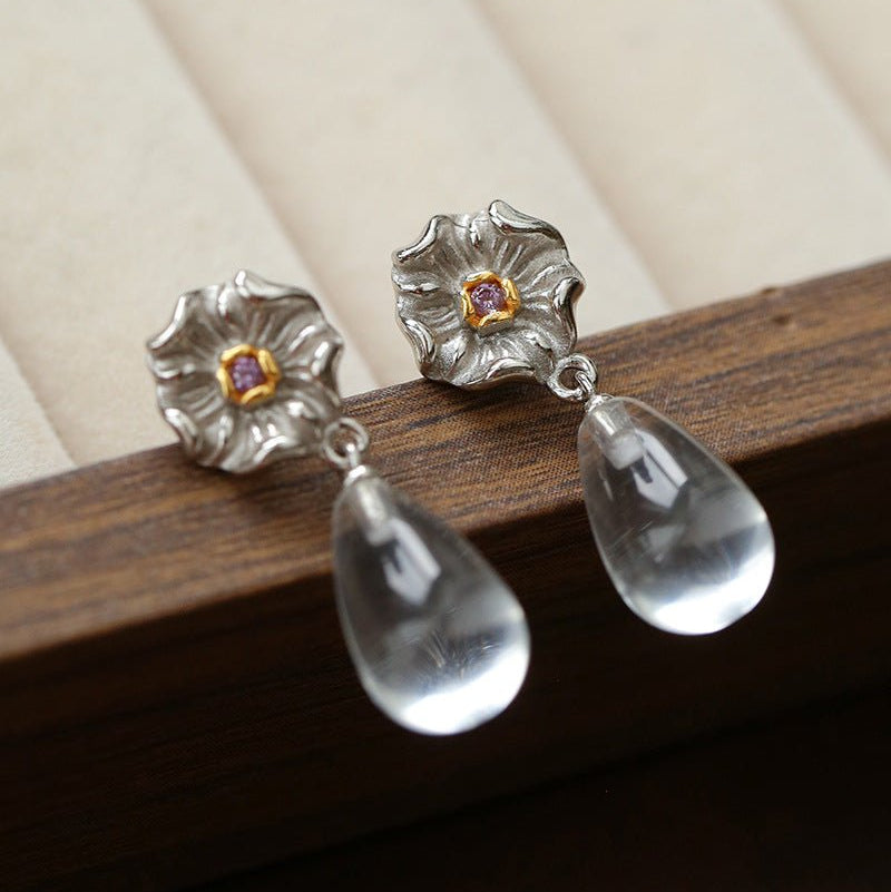 Morning Dew Clear Quartz Drop Earrings - Floral Studs with Purple Zirconia - floysun
