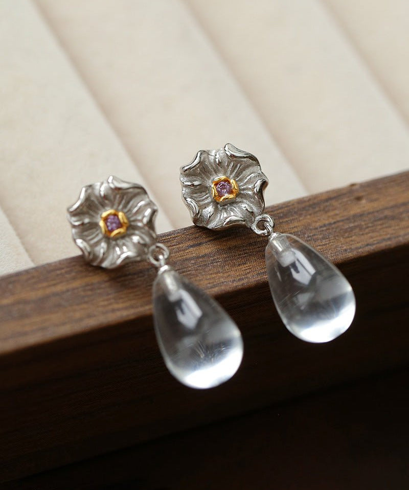 Morning Dew Clear Quartz Drop Earrings - Floral Studs with Purple Zirconia - floysun