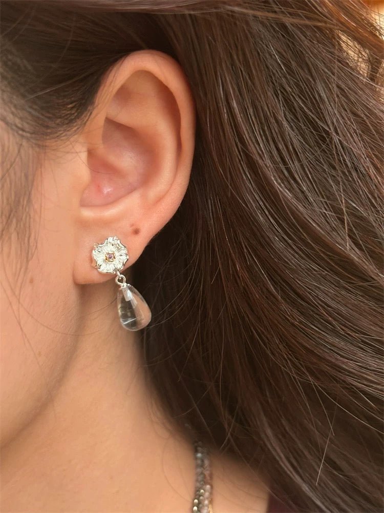 Morning Dew Clear Quartz Drop Earrings - Floral Studs with Purple Zirconia - floysun