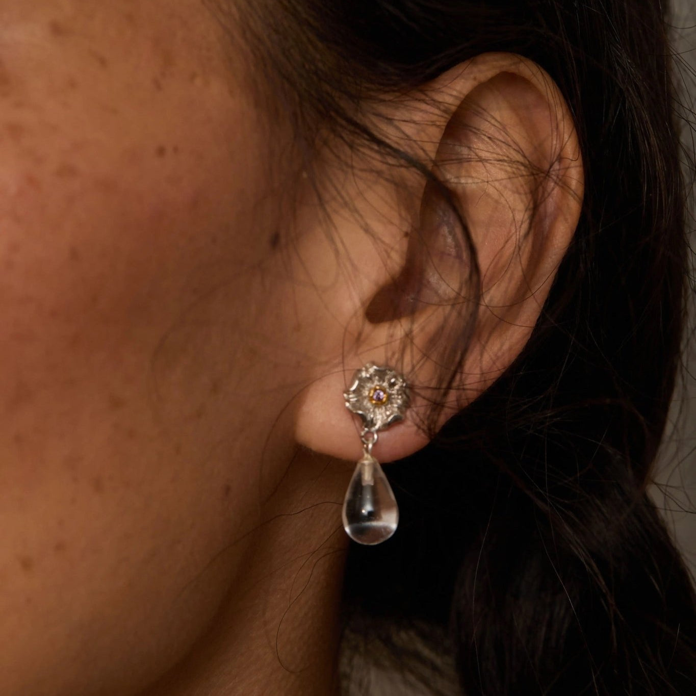 Morning Dew Clear Quartz Drop Earrings - Floral Studs with Purple Zirconia - floysun