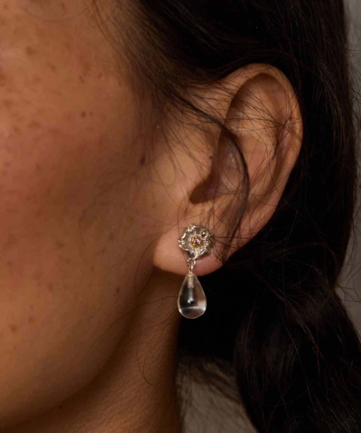 Morning Dew Clear Quartz Drop Earrings - Floral Studs with Purple Zirconia - floysun