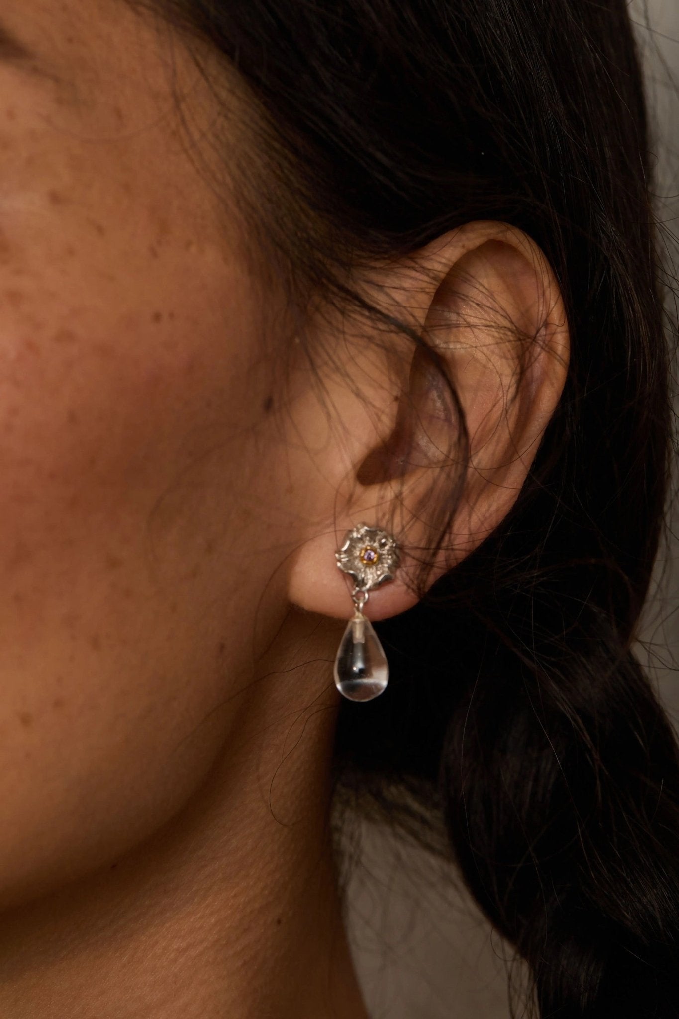 Morning Dew Clear Quartz Drop Earrings - Floral Studs with Purple Zirconia - floysun