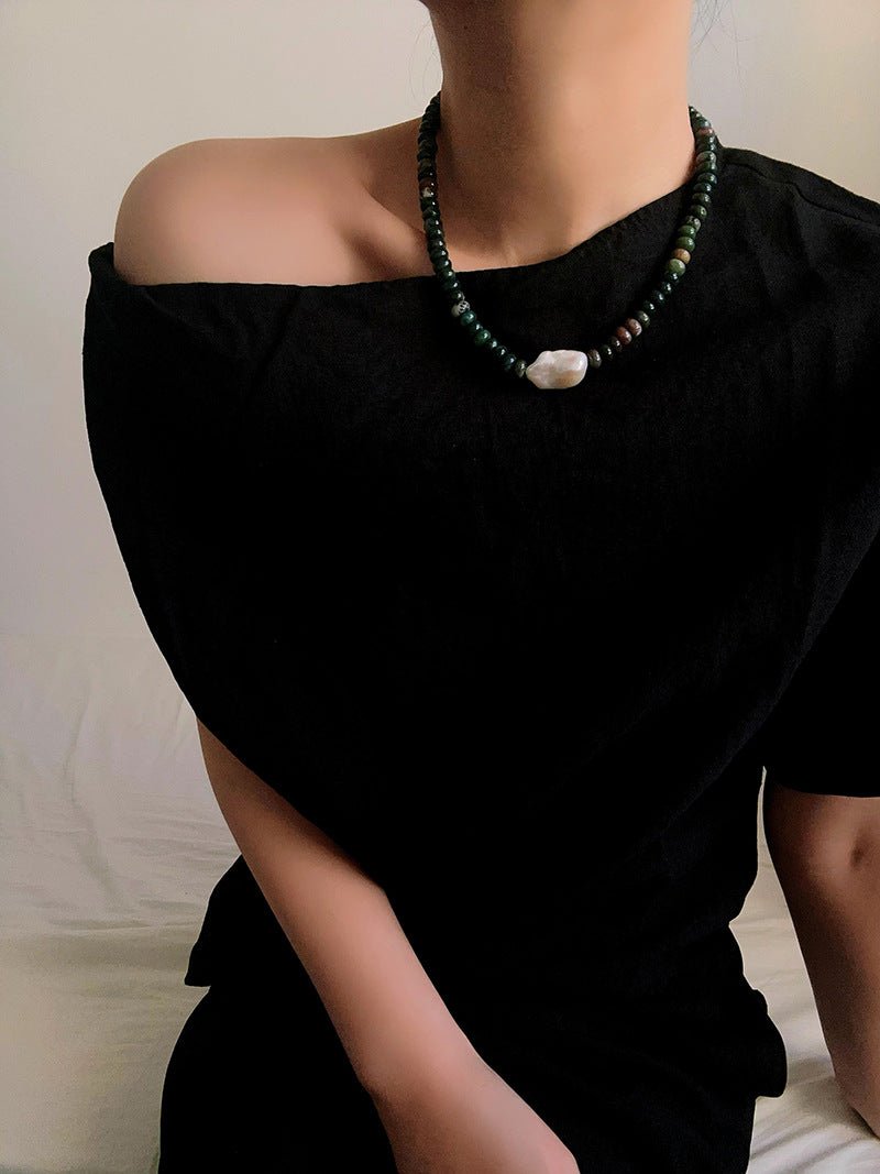 Moss Agate & Baroque Pearl Beaded Necklace - floysun