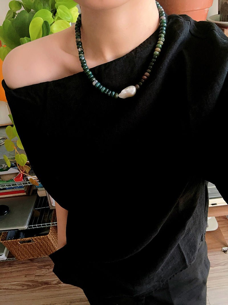 Moss Agate & Baroque Pearl Beaded Necklace - floysun