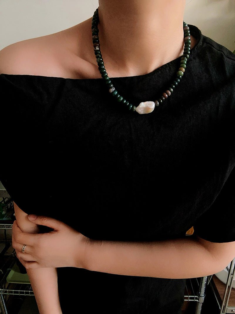 Moss Agate & Baroque Pearl Beaded Necklace - floysun