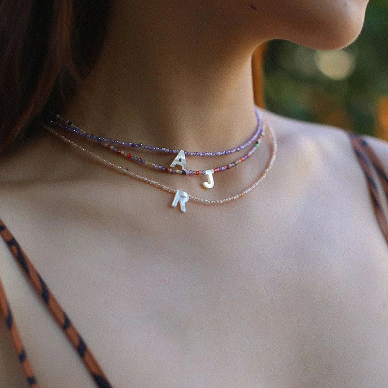 Mother - of - Pearl Alphabet Colorful Zircon Beaded Necklace - floysun