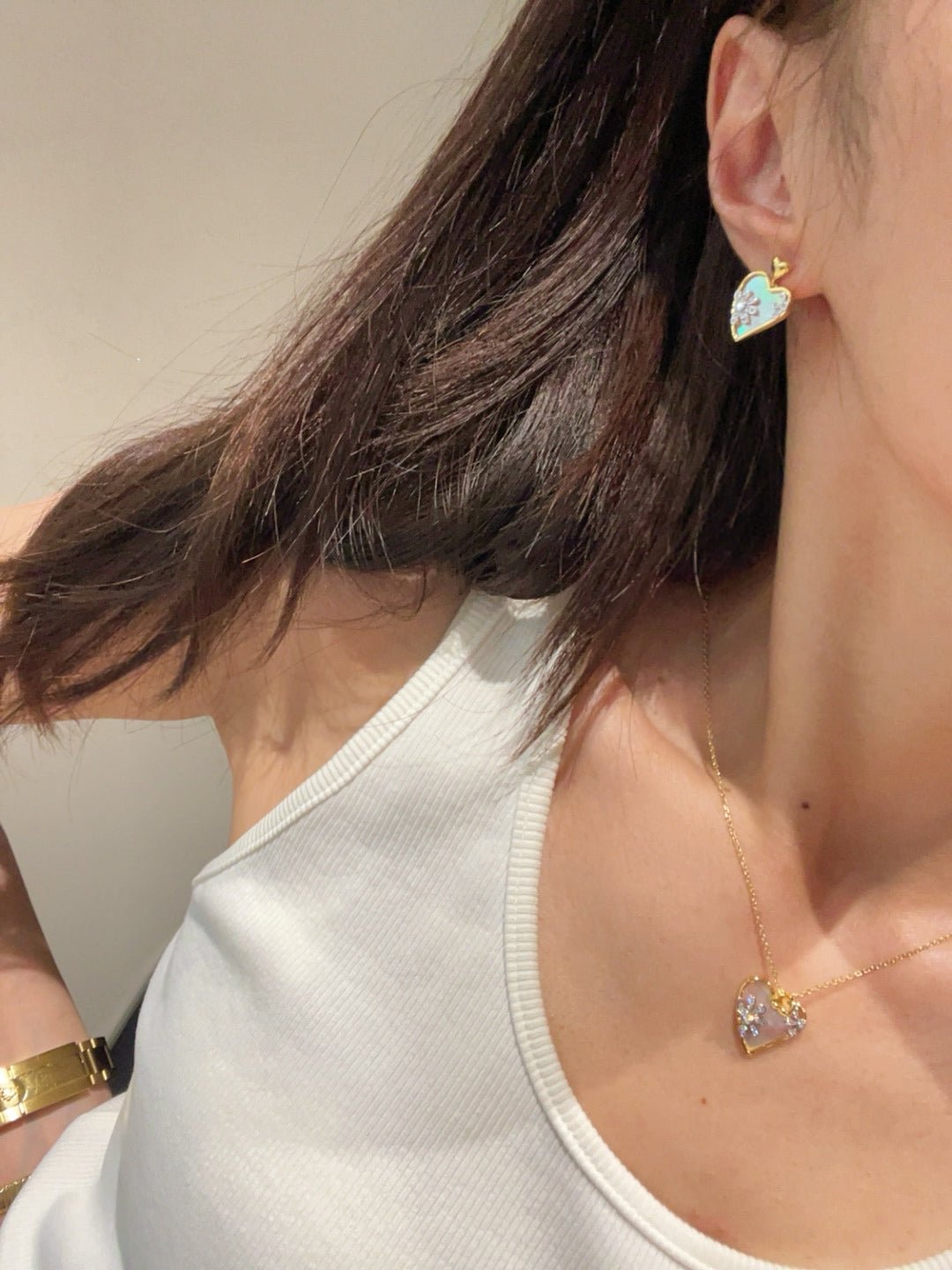 Mother of Pearl Heart Stud Earrings with Daisy CZ Detail - floysun