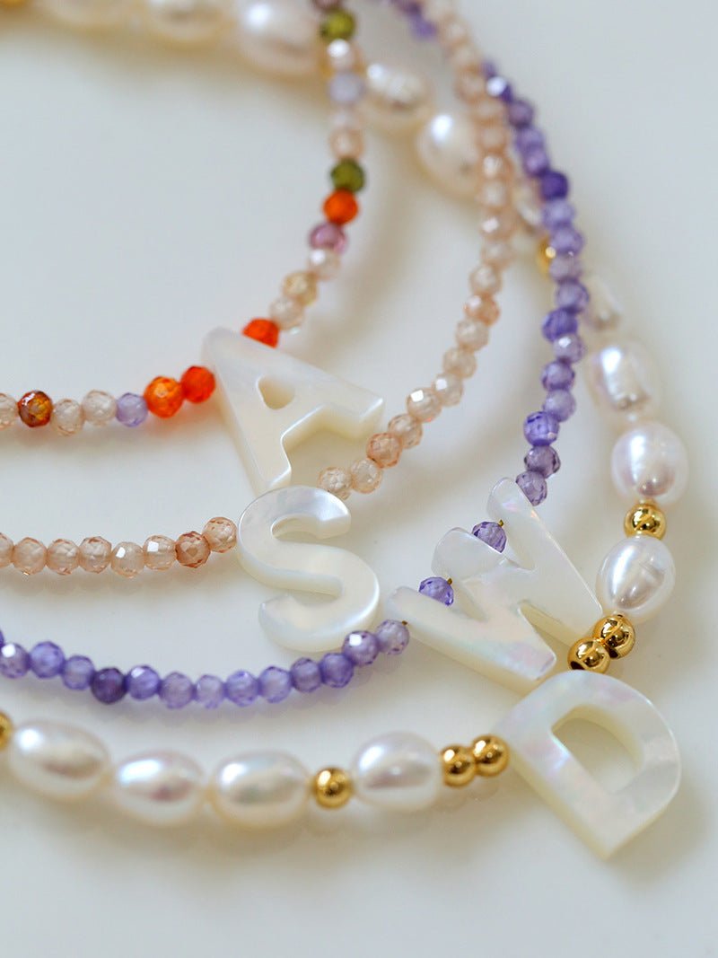 Mother-of-Pearl Initial Colorful Zircon Beaded Bracelet - floysun