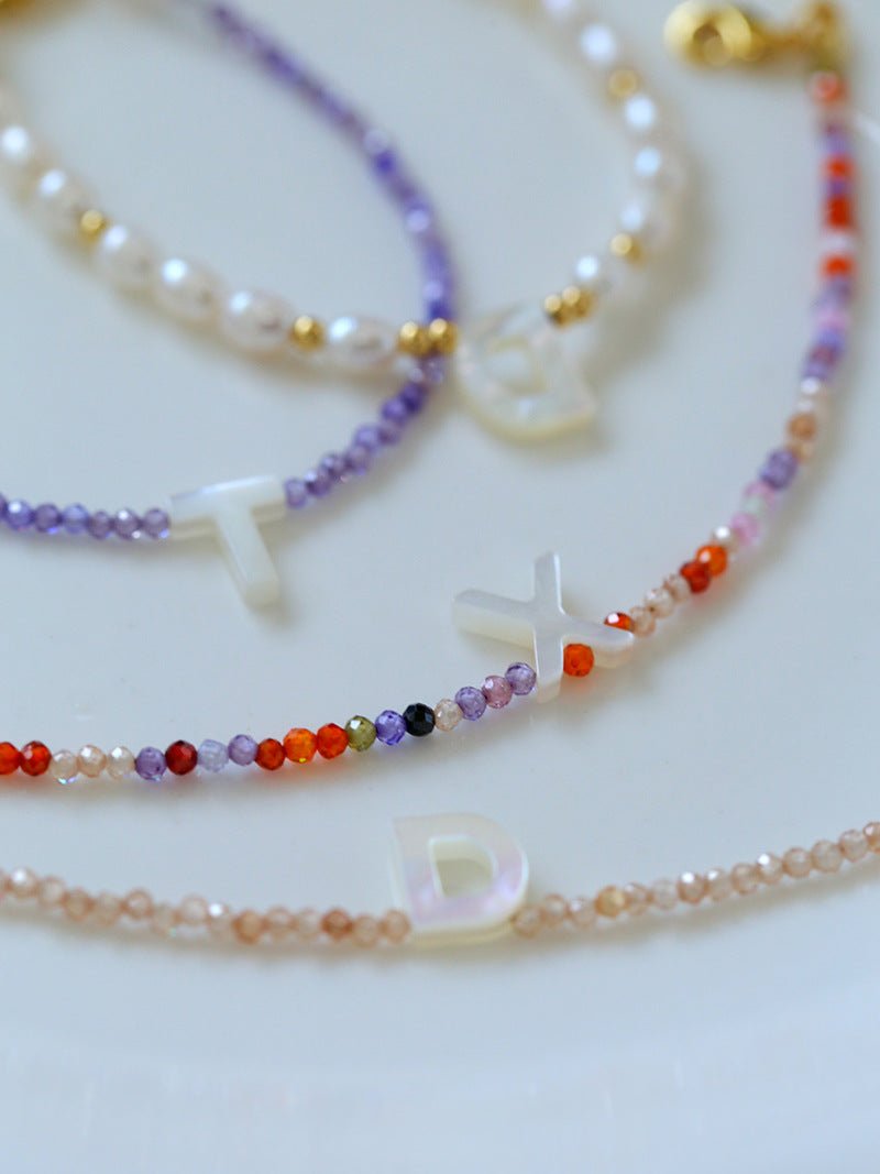 Mother-of-Pearl Initial Colorful Zircon Beaded Bracelet - floysun