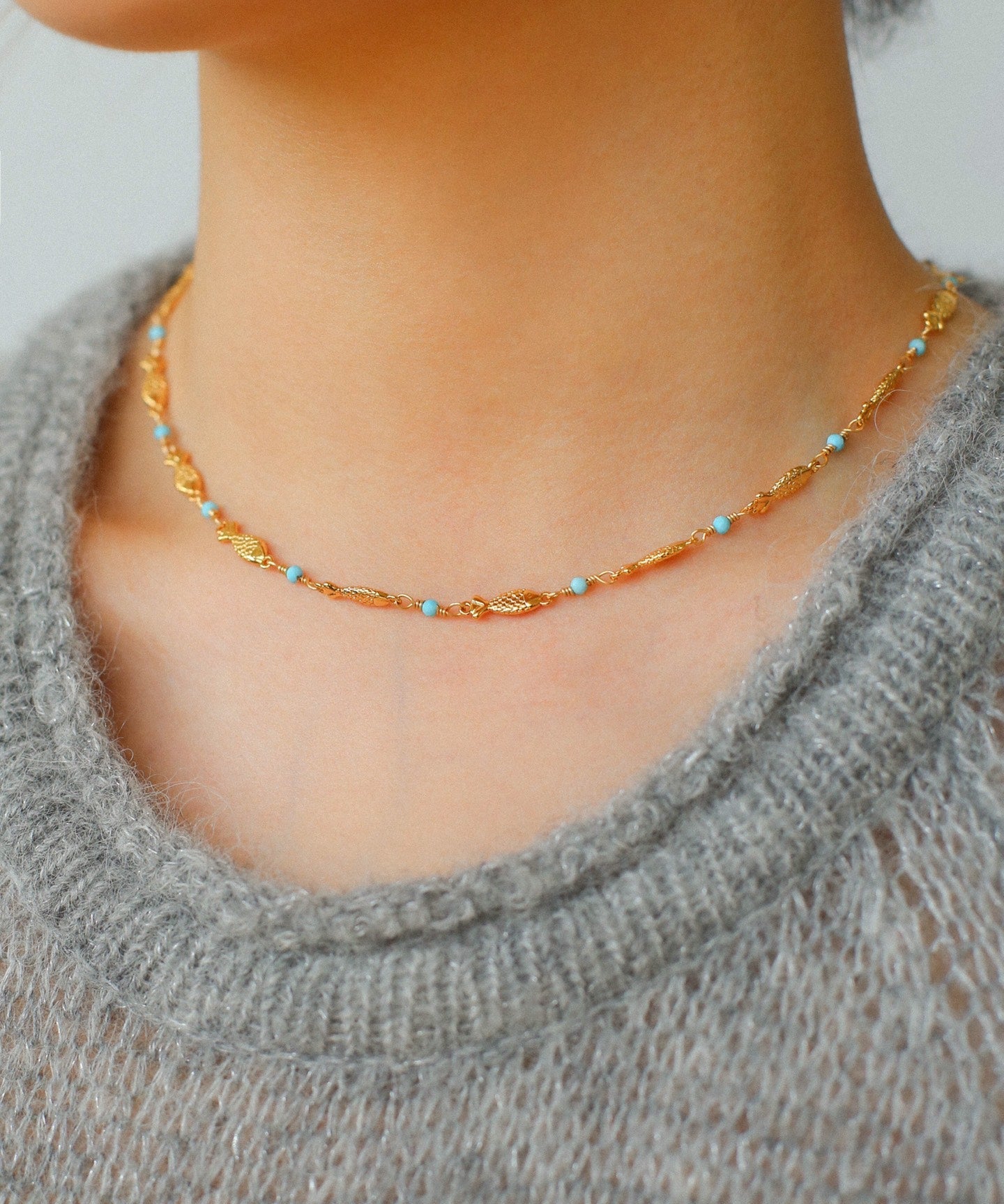 Multi - Fish Black Onyx & Blue Turquoise Necklace - floysun