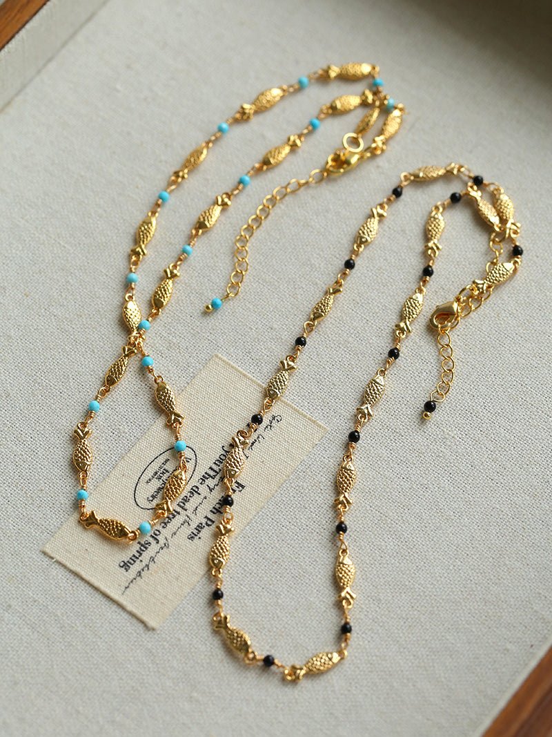 Multi - Fish Black Onyx & Blue Turquoise Necklace - floysun