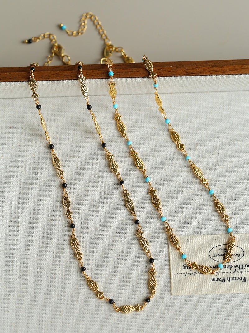 Multi - Fish Black Onyx & Blue Turquoise Necklace - floysun