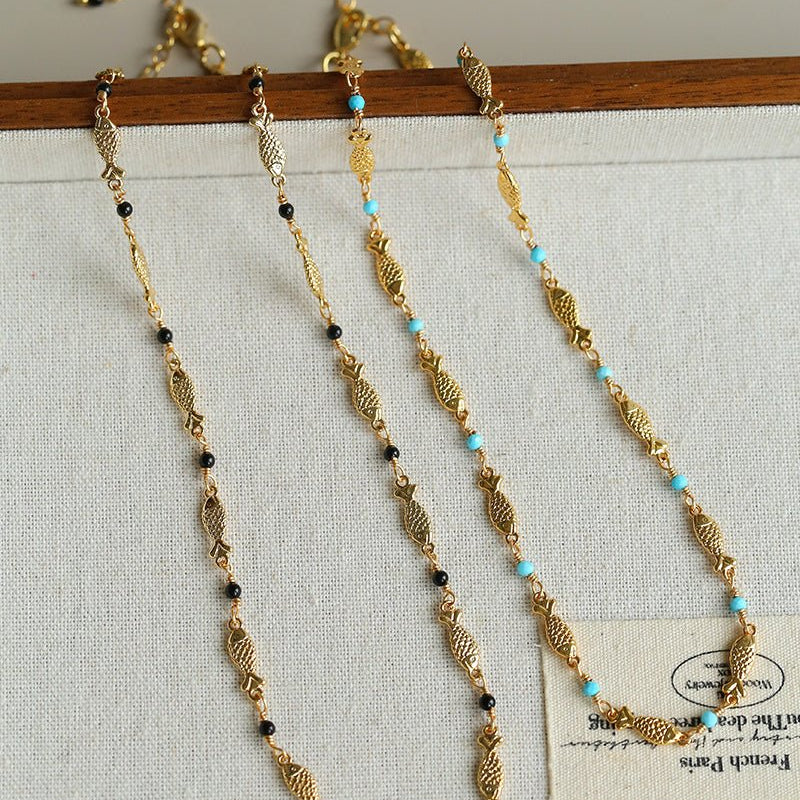 Multi - Fish Black Onyx & Blue Turquoise Necklace - floysun