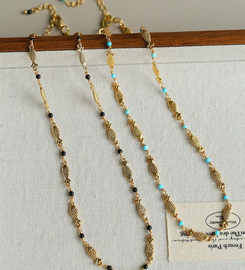 Multi - Fish Black Onyx & Blue Turquoise Necklace - floysun