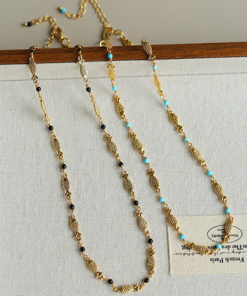 Multi - Fish Black Onyx & Blue Turquoise Necklace - floysun
