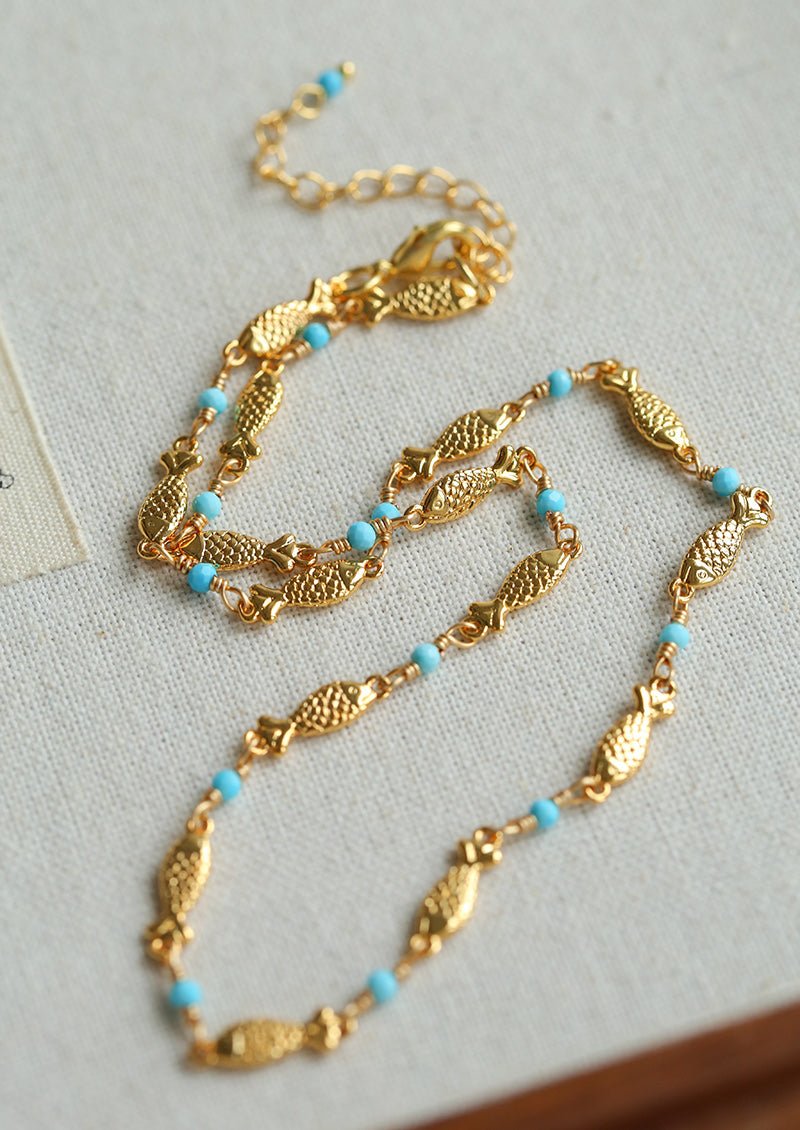 Multi - Fish Black Onyx & Blue Turquoise Necklace - floysun