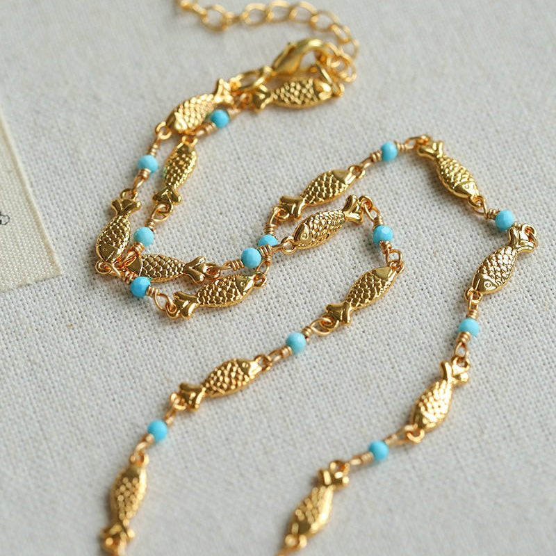Multi - Fish Black Onyx & Blue Turquoise Necklace - floysun