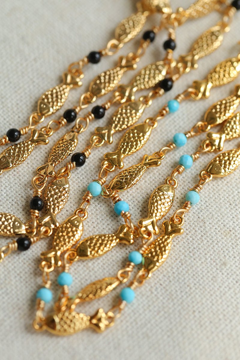 Multi - Fish Black Onyx & Blue Turquoise Necklace - floysun