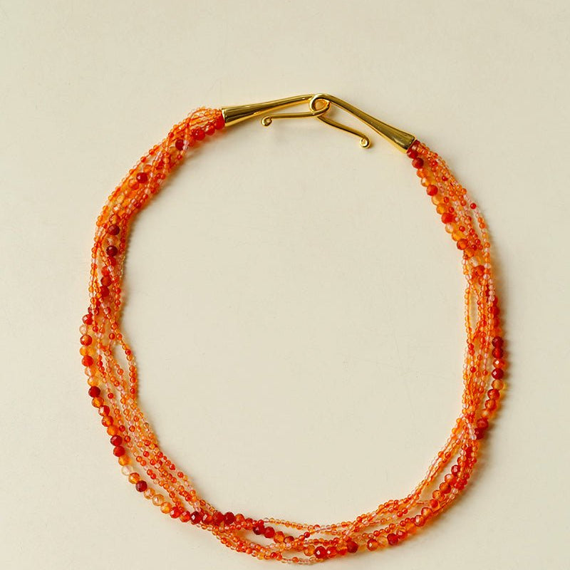 Multi - Layer Mixed Orange - Red Agate Beaded Necklace - floysun