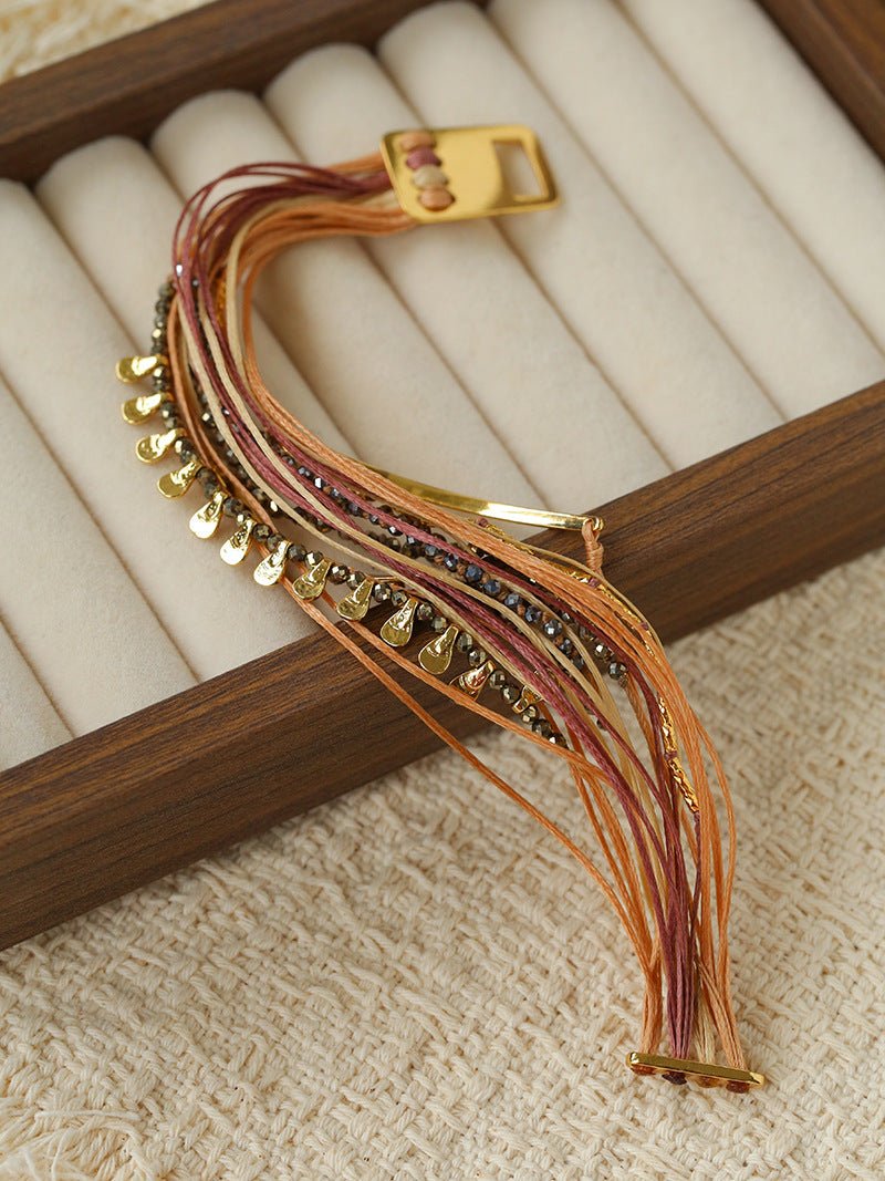 Multi-Strand Boho Woven Cord Natural Stone Coin Bracelet - floysun