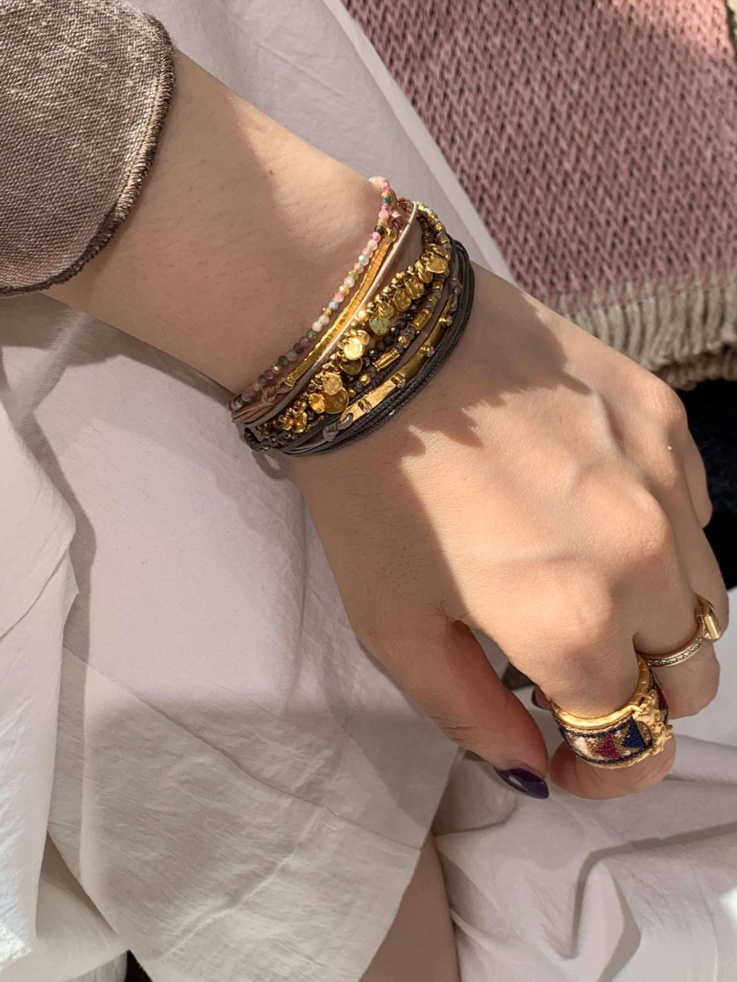 Multi-Strand Boho Woven Cord Natural Stone Coin Bracelet - floysun